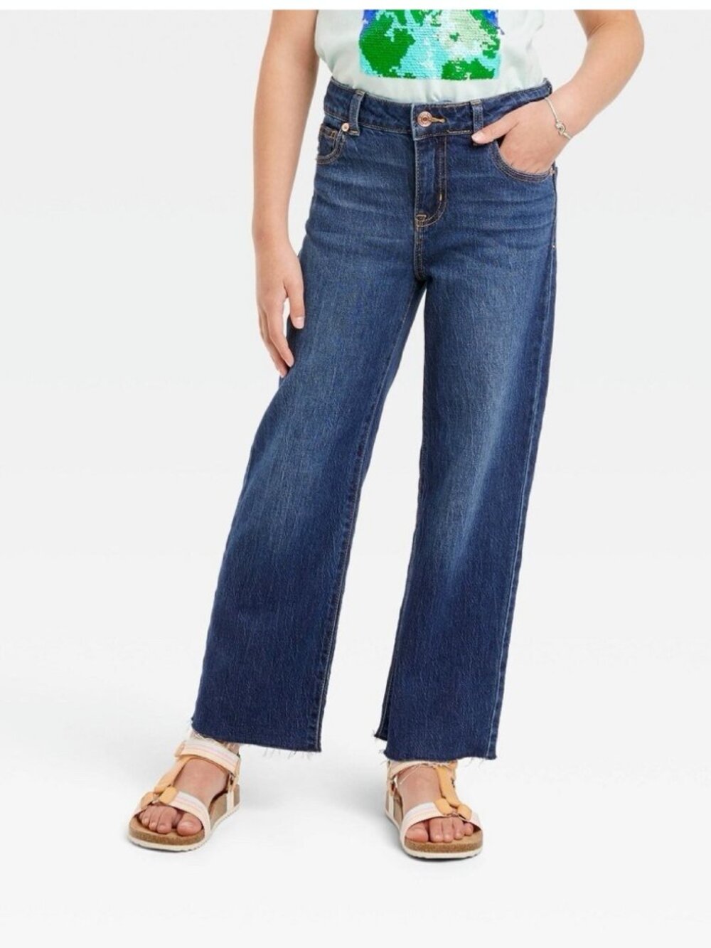 Cat & Jack Girls' Mid-Rise Wide Leg Adjustable Waist Denim Jeans in Dark Wash 7